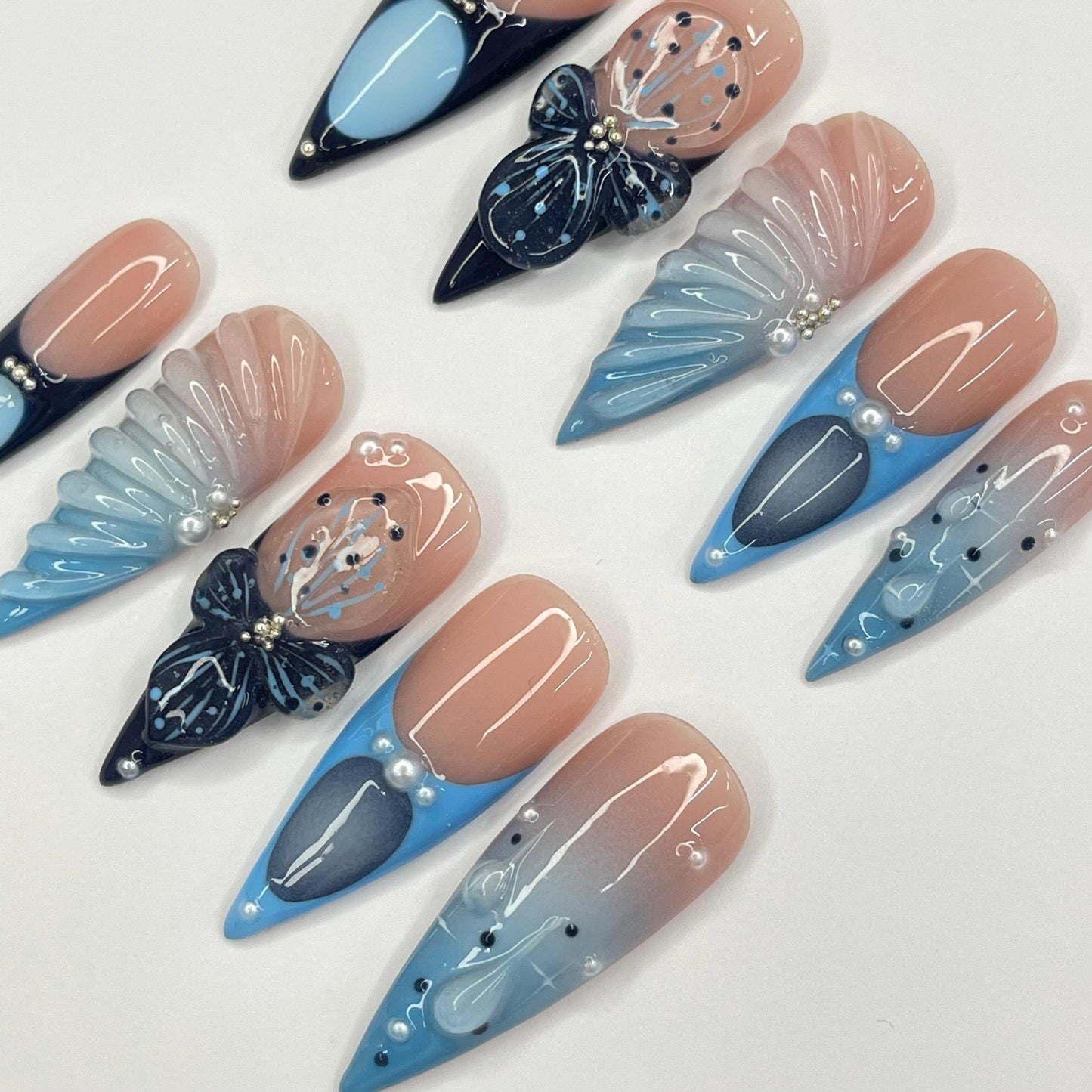 3D Gel With Blue French, Stiletto Press On Nail