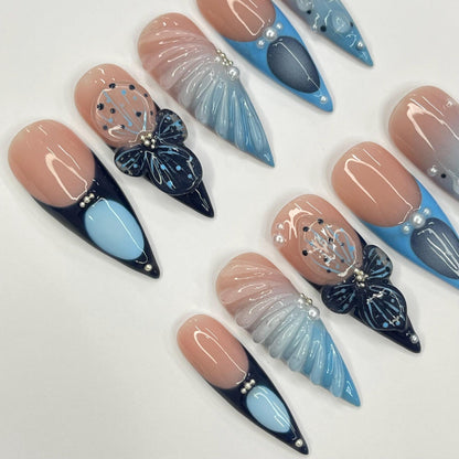 3D Gel With Blue French, Stiletto Press On Nail